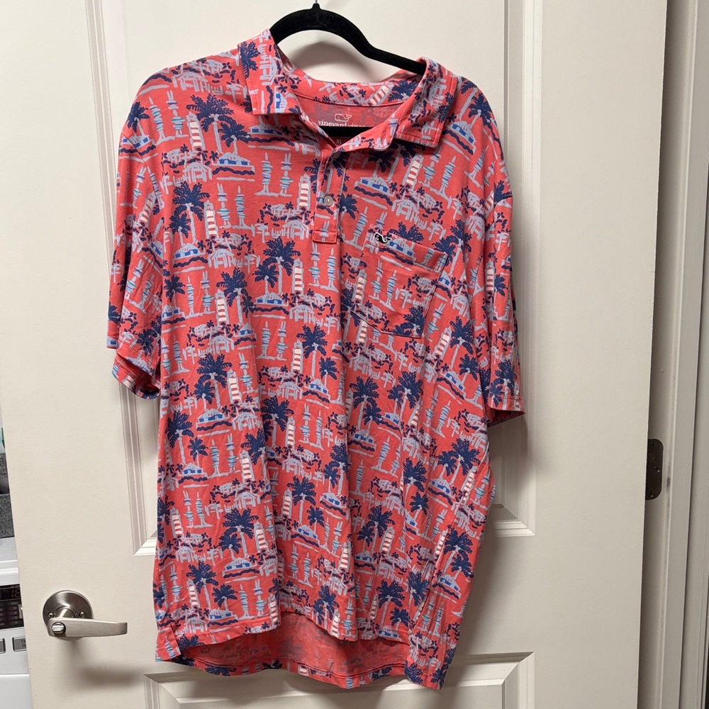 Vineyard Vines Coral and Navy Tropical Shirt
